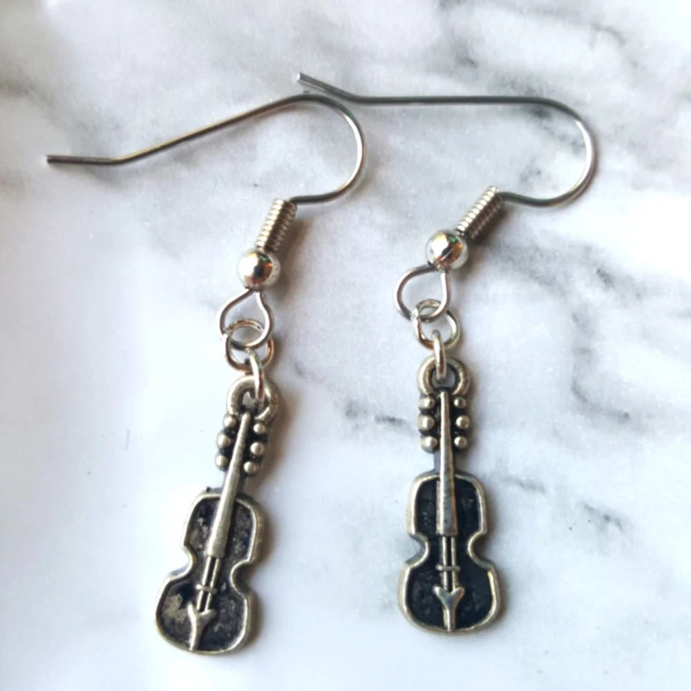Violin Fiddle Earrings Surgical Steel Silver Tone - Picture 1 of 8